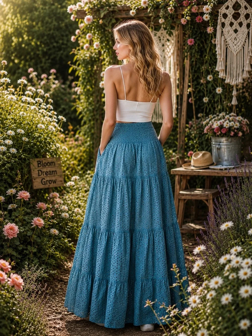 Oli & Hali L Mineral Wash Blue Eyelet Tiered Maxi Skirt in Midnight